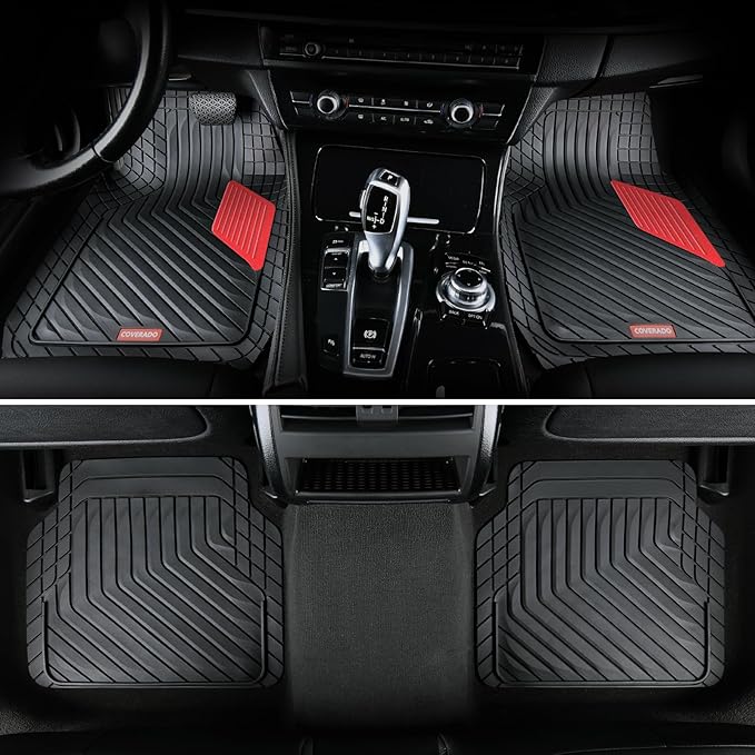 Coverado Heavy-Duty PVC Car Floor Mats Full Set – Red Metallic Heel Pad, All-Weather Protection for Front & Rear, Non-Slip Backing, Easy-to-Clean Liners, 4 Pcs