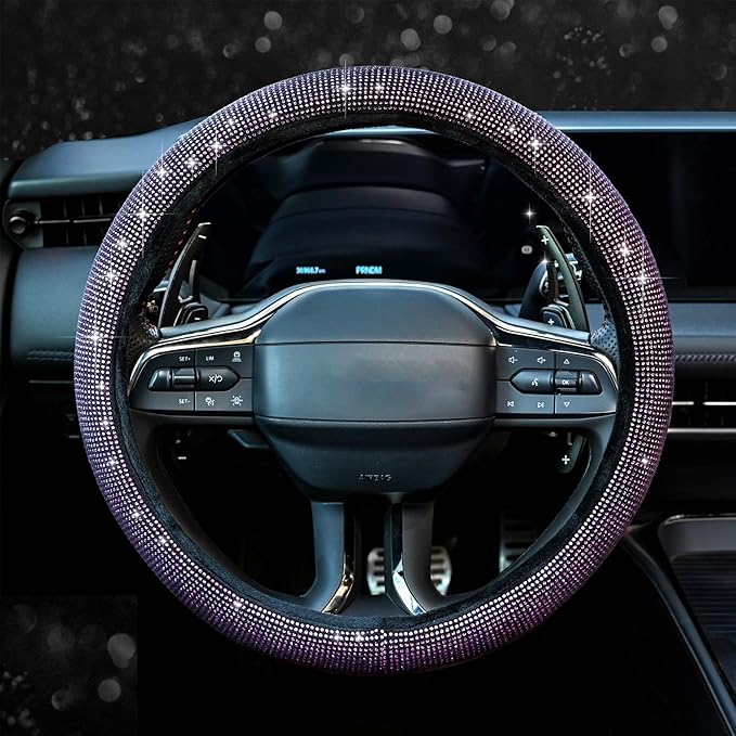 Valleycomfy Steering Wheel Cover for Women Bling Bling Crystal Diamond Sparkling Car SUV Wheel Protector Universal Fit 15 Inch Black with Pink Diamond