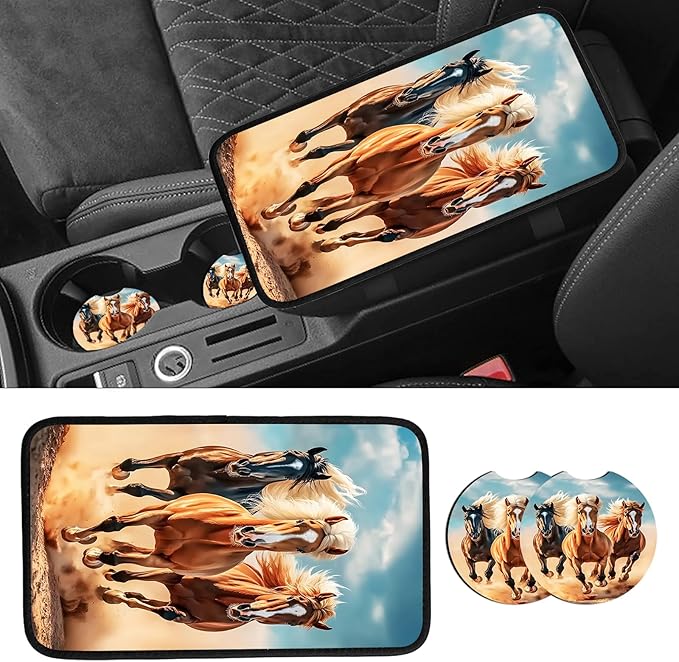 JANENFNA Car Armrest Cover Pads Universal Fashion Cute Auto Center Console Armrest Cover Pad with 2PCS Car Coasters Soft Waterproof Car Armrest Seat Protector for Women,Free Wild Horses Running