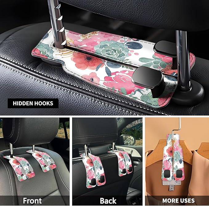 NUGGHU Car Seat Headrest Hook, Universal Leather Cute Hanger Holder Hook, Storage Organizer Interior Accessories for Purse Bags Handbag Cute Pink Flowers