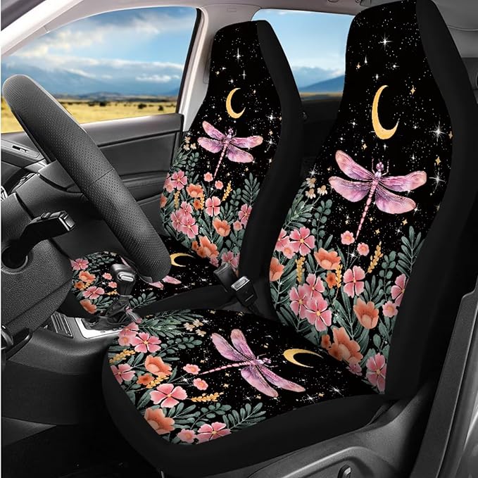 Dngkaoje 13 Pack Flower Dragonfly Car Seat Covers Full Set,Universal Front and Rear Split Bench Seat Covers for Cars Cute Dragonfly Print Hanging Trash Bag,Seatbelt Shoulder Pads,Armrest Cushion Pad
