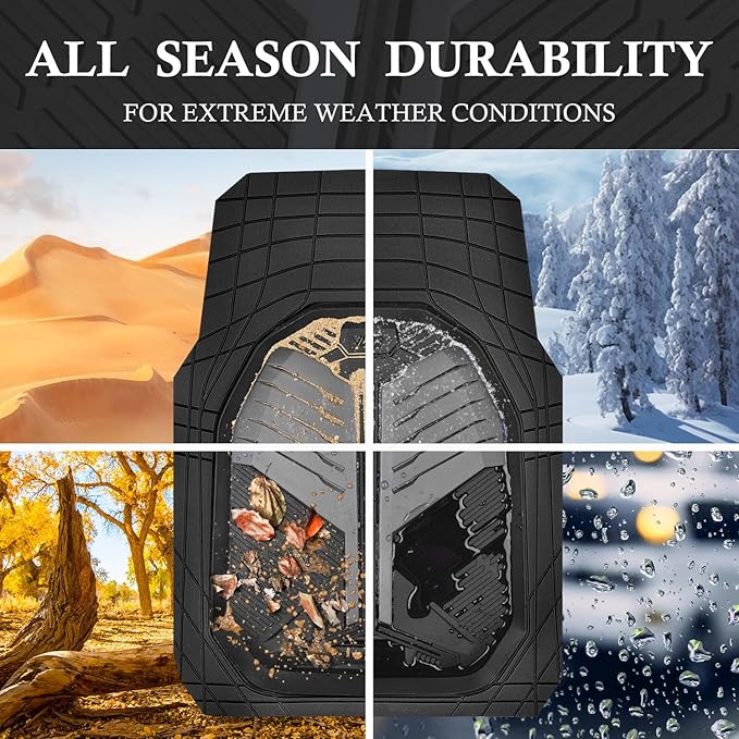 CAR PASS Heavy Duty Rubber Car Mats, Deep-Dish Car Floor Mats All Weather, Universal Two-Tone Trim-to-Fit for SUVs Trucks Sedans, Waterproof Anti-Slip, 3 Pieces V12 Black and Charcoal