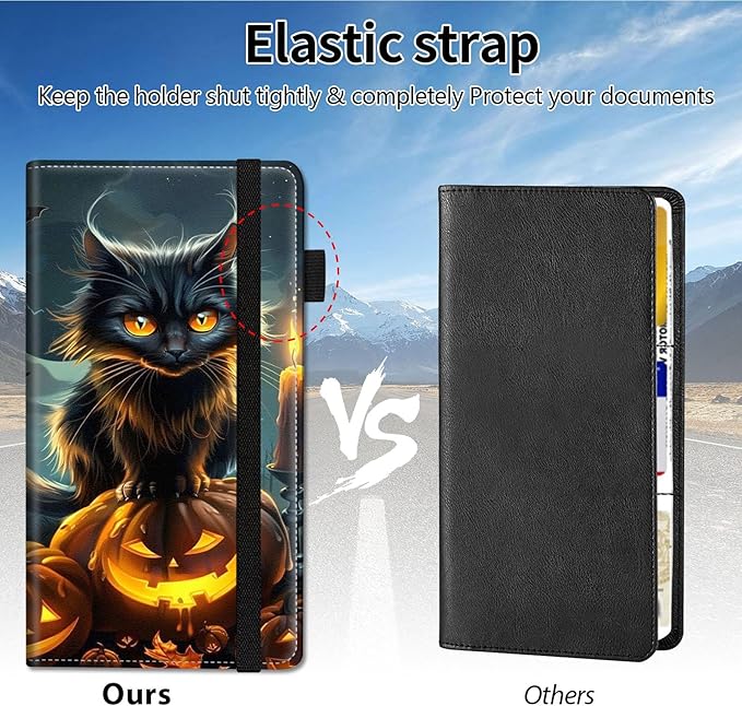 Qindaiwen Car Registration and Insurance Holder, Vehicle Card Document Elastic Band Closure Glove Box Organizer, Driver License Cards, Car Accessories for Essential Info, Black Cat