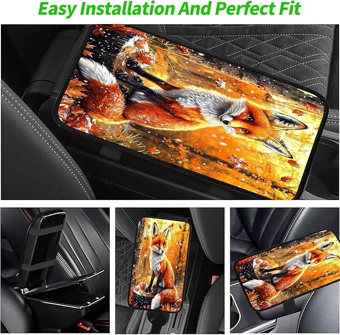 JANENFNA Car Armrest Cover Pads Universal Fashion Cute Auto Center Console Armrest Cover Pad with 2PCS Car Coasters Soft Waterproof Car Armrest Seat Protector for Women,Maple Leaf Fox