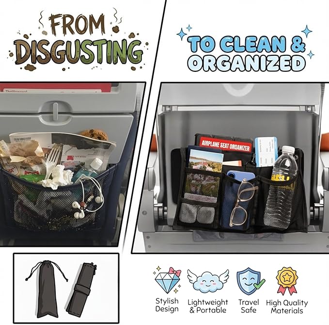 SKY STASH Airplane Seat Organizer to Clip onto Airplane Seat Pocket | Travel Essentials Accessory with Improved Universal Compatibility (15 x 9 Inches)