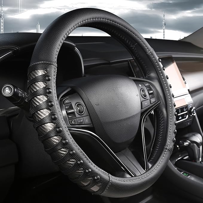 West Llama Microfiber Leather Car Steering Wheel Cover for Men Women,Universal Fit 15.5-16 inch(Leather Nails-Gray+Black-Large Size)