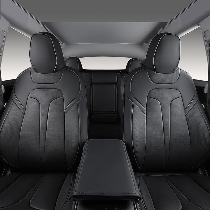 OURPLOT Custom Fit Seat Covers for 2020-2024 Tesla Model Y (5-Seater), Waterproof Nappa Leather, OEM Factory Style Full Set Car Seat Protectors Airbag Compatible - Black