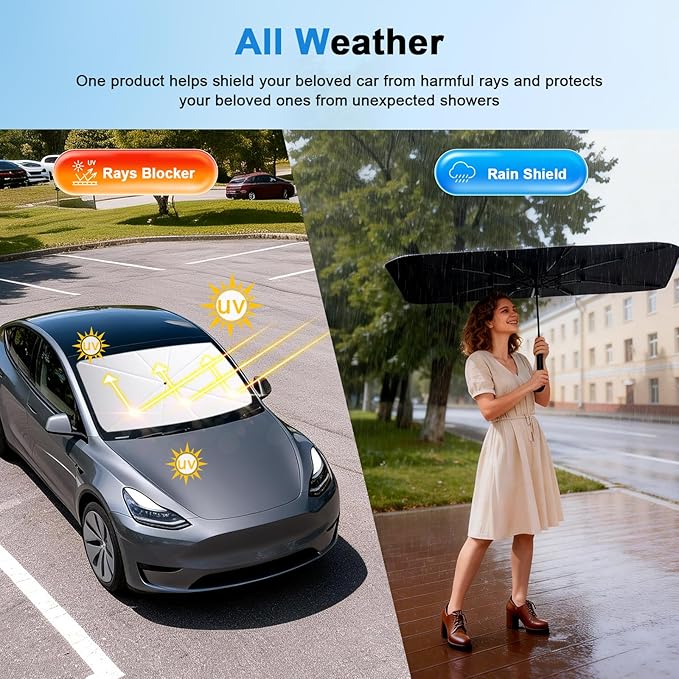 PEMOTech Car Umbrella Windshield Sun Shade | Quick-Install Reliable UV Blocker&Heat Shield | Versatile Car Sun Visor | Foldable Sun Blocker | Keep Cool&Protect Interior | Large (61"x32") for Sedan/SUV