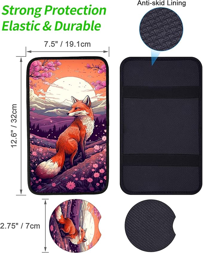 JANENFNA Car Armrest Cover Pads Universal Fashion Cute Auto Center Console Armrest Cover Pad with 2PCS Car Coasters Soft Waterproof Car Armrest Seat Protector for Women,Japanese Fox