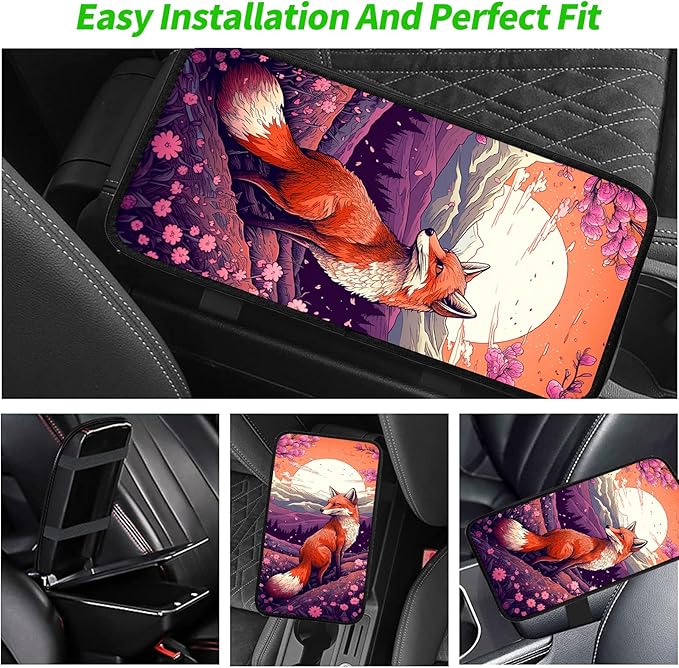 JANENFNA Car Armrest Cover Pads Universal Fashion Cute Auto Center Console Armrest Cover Pad with 2PCS Car Coasters Soft Waterproof Car Armrest Seat Protector for Women,Japanese Fox