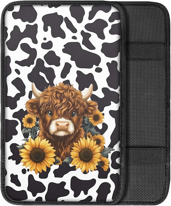 Highland Cattle Cow Print Car Center Console Cover Pad,Universal Armrest Seat Box Cover for Most Vehicle, SUV, Truck