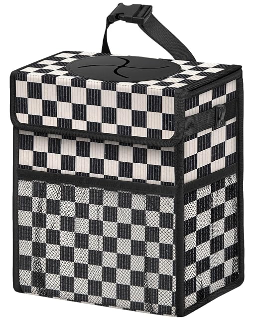 HORJONES Corduroy Car Trash Can with Lid and Mesh Pockets - Leakproof Organizer,Multipurpose Waterproof Garbage Can/Trash Bin for Car(Black and White Check-2 Gallons)
