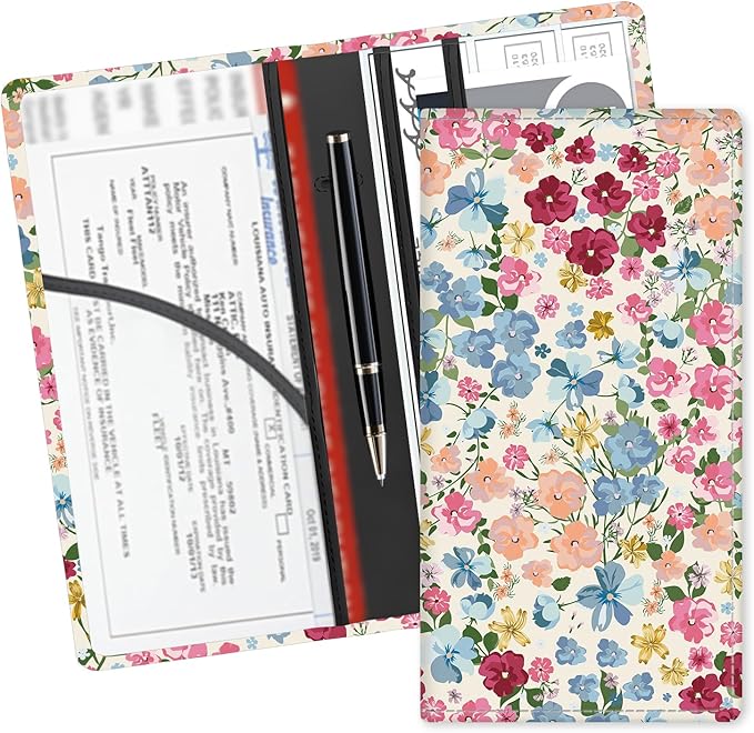 ADUQLZUX Leather Car Registration and Insurance Card Holder, Cute Car Accessories Vehicle Glove Box Car Organizer for Documents, Cards, License Colorful Cute Flowers