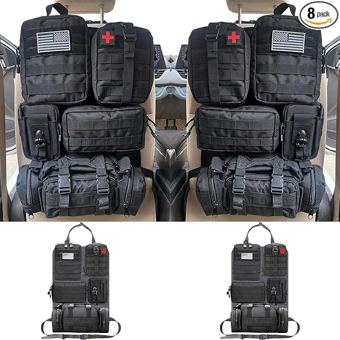 7 PACK Tactical Seat back organizer Truck organizer With 6 Detachable Pouches Universal For Car Truck Ford Jeep Military-Grade Heavier Panels With Multi-functional Packs (2 Set Black)