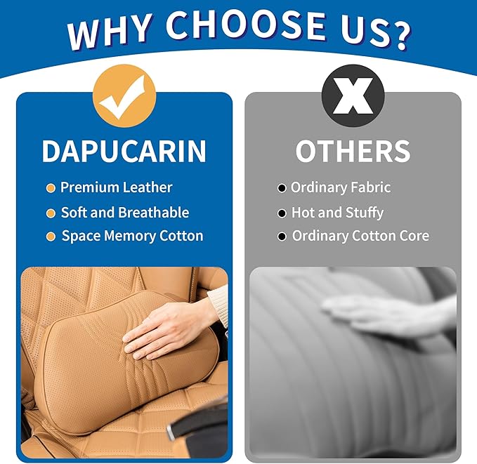 Dapucarin Lumbar Support Pillow for Car Seat, Office Chair Nappa Leather Memory Foam Lower Back Cushion for Back Pain Relief Improve Posture, Ergonomic Back Rest for Gaming Chair, Palomino, 1PC