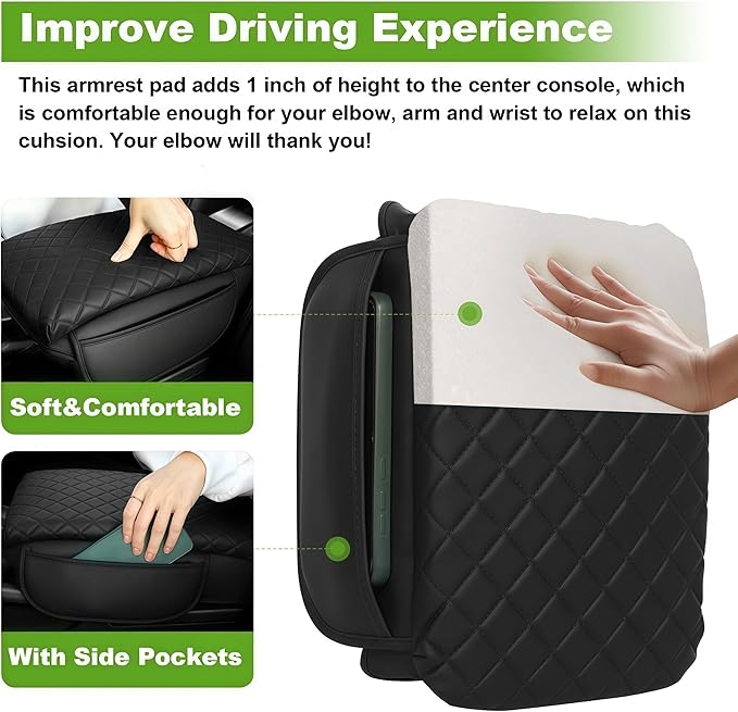 Armrest Cover for Toyota Tacoma Center Console Pad with Organizer Storage Pockets, Black Faux Leather Arm Rest Lid Protector Cushion Interior Accessories (2005-2015)