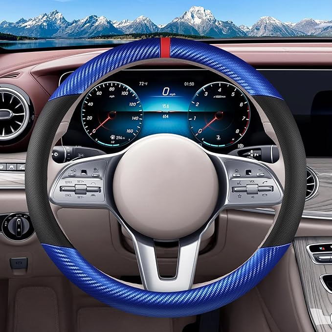 Black & Blue Carbon Fiber Leather Steering Wheel Cover, Microfiber Leather, Anti-Slip, Breathable, Universal Fit for 14.5–15 in Steering Wheel Cover for Men Women