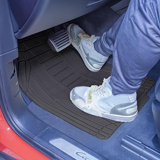 TLH Car Floor Mats, Black Sleek Linear, Full Set, Rubber, Waterproof, Stain-Resistant, Easy to Clean, Washable, Durable for Ultimate Protection, Perfect for Cars, Trucks, SUVs, Vans