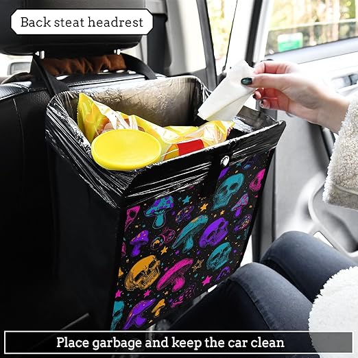 Car Trash Can Organizer Bin with Adjustable Strap for Back Front Seat Console Waterproof Leakproof Collapsible Portable 8.66 Inch Neon-colored Skulls Stars Mushrooms