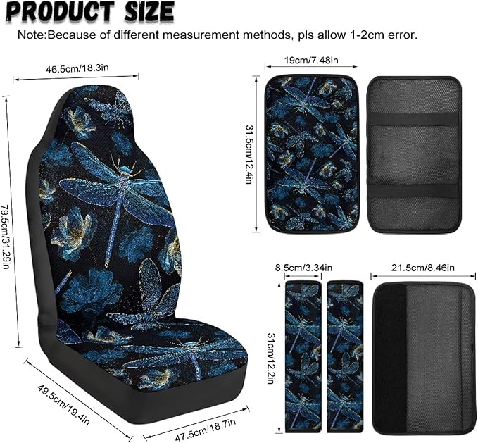 Qeluxign Dragonfly Floral 5 Piece Car Seat Covers Set for Women Men PU Leather Seat Covers Belt Pads and Armrest Cover Universal Fit Car Accessories