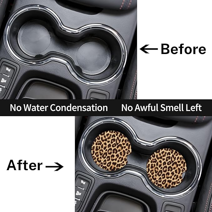 HUWAAI Leopard Print Car Cup Holder Coasters 2 Pack Universal 2.63 Inch Anti Slip Ceramic Absorbent Coaster with Cork Base and Finger Notch Cute Car Accessories Interior for Women