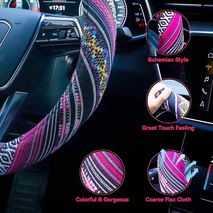 Limsas Boho Steering Wheel Cover Elastic Microfiber for Women, Universal Fit 15 inch Car SUV, Hippie Style Protector Cover, Anti-Slip, Breathable, Absorbing Sweat - 03