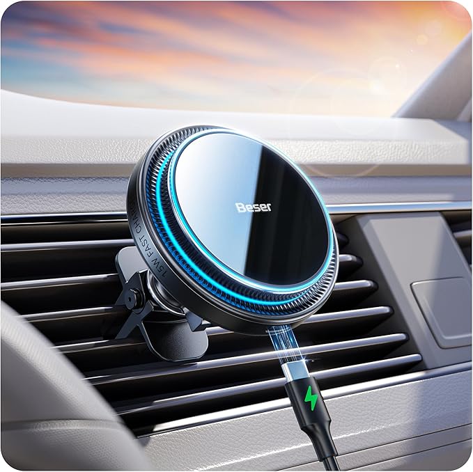 Beser 15W for MagSafe Car Mount Charger, (3.81 lbf) Magnetic Qi Wireless Car Charger, Vent/Dashboard, Phone Holder Mount for iPhone 16/15/14/13/12 Series, Fast Charging, Aluminium, Black