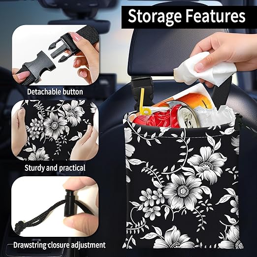 AFYEWKC Car Trash Bag Large Hanging Can for Back of Seat, Cute Waterproof Car Garbage Bag for Vehicle, Travelling, Outdoor Beautiful Black White Floral