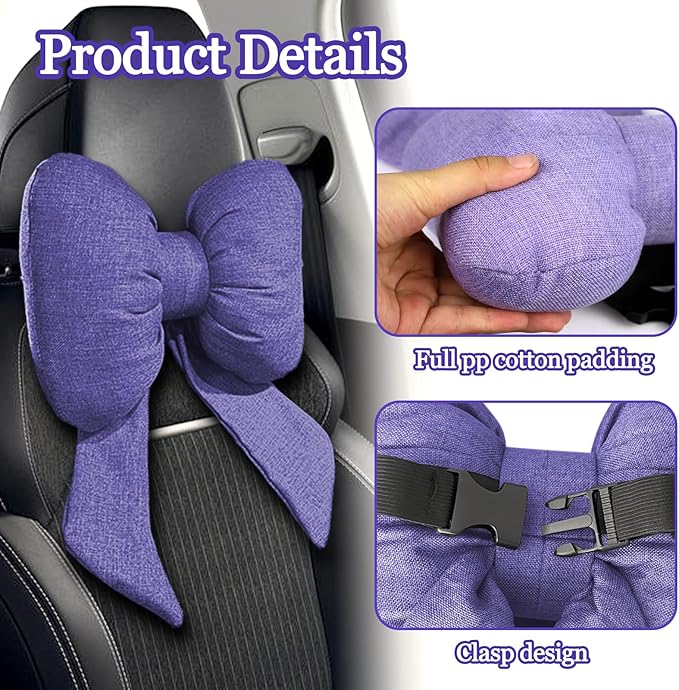 wuyaoyao Bow Car Headrest Pillow, Cute Bow Shape Car Neck Pillow, Soft Comfortable Automotive Seat Headrest Pillows for Driver, Universal Vehicle Neck Support Cushion for Sleeping Travel(Purple)