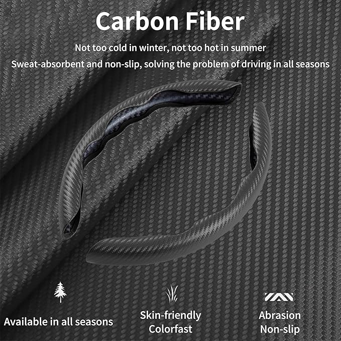 LevChall Carbon Fiber Steering Wheel Cover, 3-Piece Set Anti-Skid Comfortable Grip Segmented Butterfly Design, Easy Snap-On Installation Universal Fit 99% Cars, Black