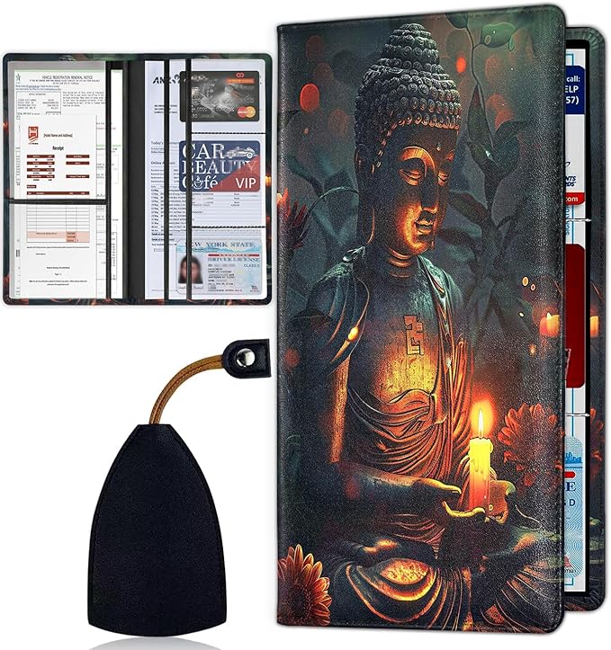 Car Registration and Insurance Card Holder for Women Men, Waterproof PU Leather Glove Box Car Organizer with Magnetic Shut, Vehicle Document Holder for Driver License,Cards, Buddha Pattern