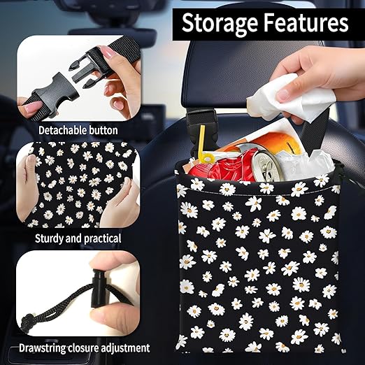 AFYEWKC Car Trash Bag Large Hanging Can for Back of Seat, Cute Waterproof Car Garbage Bag for Vehicle, Travelling, Outdoor Cute White Black Flower
