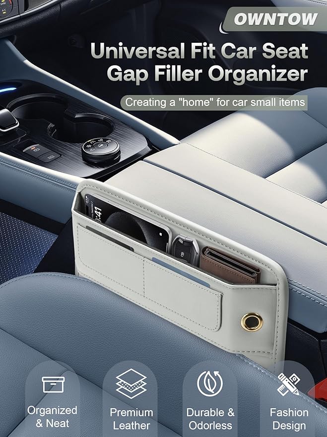 Owntow Premium Leather Car Seat Gap Filler Organizer, Universal Fit Interior Accessory with Card Slots, Car Center Console Organizer for Suv, Truck (Beige, 2 Pack)
