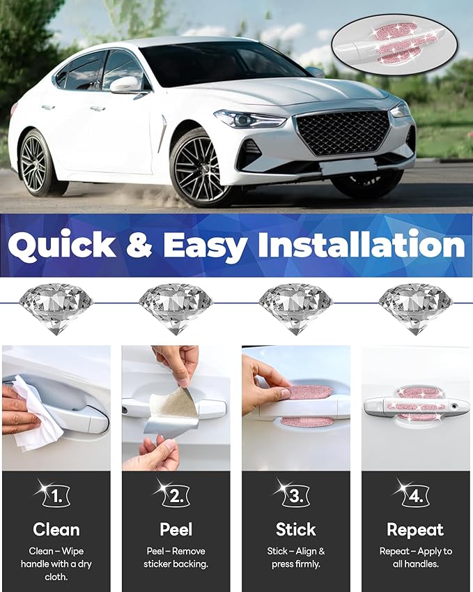 Bling Car Door Handle Protector, 10 PCS, Pink Sparkling Rhinestone Cars Door Protective Cover, Anti-Scratch Auto Handles Sticker, Universal Bling Car Accessories for Women