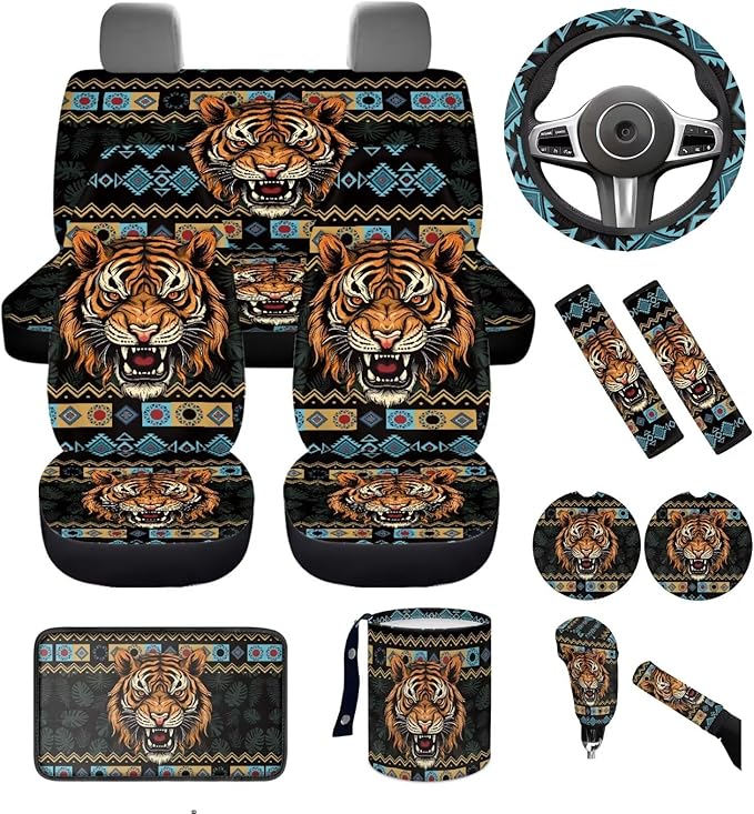 Dngkaoje Animal Tiger Car Seat Covers Full Set 13 Pcs Western Tiger Car Accessories Set with Steering Wheel Covers,Universal Collapsible Garbage Bin,Cup Holders,Armrest Cushion Pad