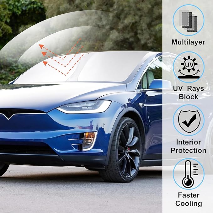 Windshield Sun Shade Compatible with 2016-2024 2025 Tesla Model X Tesla X Accessories Foldable Sunshade Front Sun Visor Protector Keep Car Cooler
