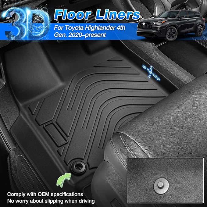 Floor Mats for Toyota Highlander 2020-2025 2026 7 Seats (NOT for Grand Highlander), All Weather Cargo Liner for Highlander Accessories Trunk Mat Back Seat Cover (Including Hybrid)