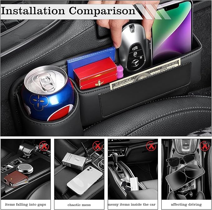 TESHITVLOG 2 Pack Car Seat Gap Filler Organizer, with Cup Holder and Storage, for Car, SUV, Truck - Holds Keys, Cards, Phone, Sunglasses and Small Items