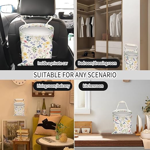 AUEKLLW Car Trash Can, Hanging Garbage Bin for Men and Women, Cute Car Organizer and Storage Bag, Canvas Vehicle Trash Can Bag Easy-to-Install Cute Colorful Flowers