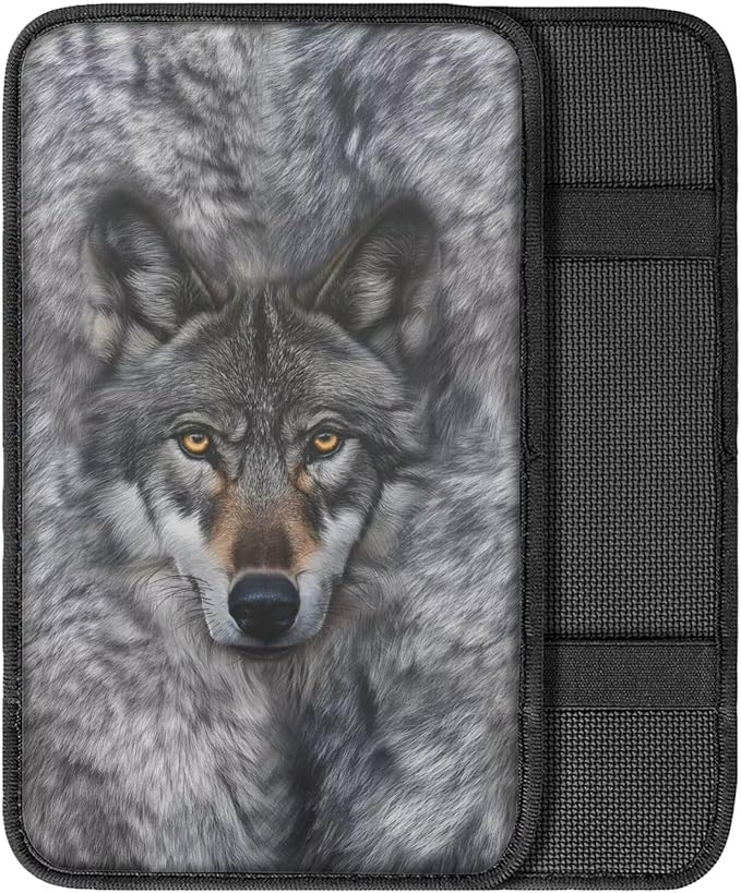 Gray Wolf Center Console Cover Breathable Auto Center Console Pad Animal Print Comfortable Car Armrest Seat Box Cover Protector Universal for Car Sedan Vehicle