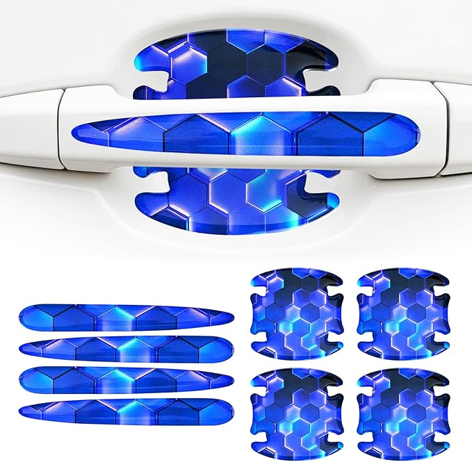 8 Pcs Car Door Handle Sticker, 3D Honeycomb Pattern Car Door Cup Protector, Universal Anti Scratches Auto Doors Handle Protective Film (Royal Blue)