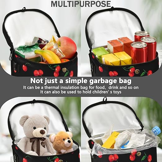 Cherry Black Car Trash Can Watercolor Fruit Leaves Car Garbage Bag with Lid Hanging Waterproof Leak Proof Vehicle Storage Bin