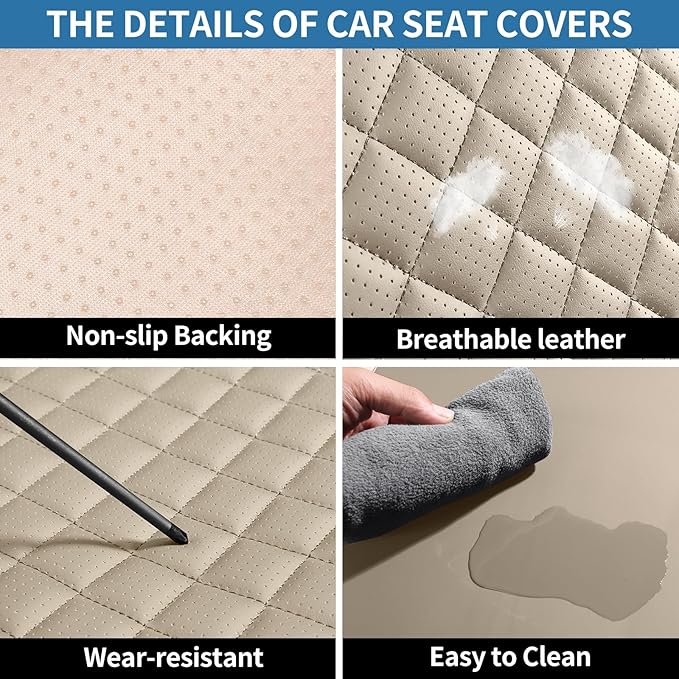SCOMEE Beige Leather Car Seat Covers Full Set Breathable Seat Protectors Waterproof Automotive Seat Covers Universal Fit for Most Cars SUVs Trucks Vehicles