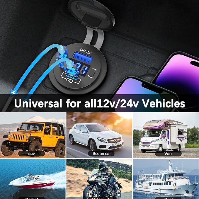 USB C Car Charger Socket, 12V USB Outlet with Voltmeter, Dual PD 30W and 18W QC3.0 Multi Port Car Cigarette Lighter Replacement Fast Charger for Boat Marine RV Vehicle