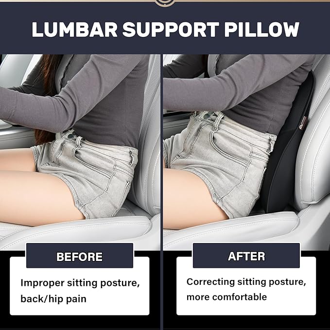 Coverado Lumbar Support Pillow for Car, Ergonomic Memory Foam Back Pillow for Office Chair, Back Cushion for Back Pain Relief, PU Leather Car Lumbar Support for Driving Seat