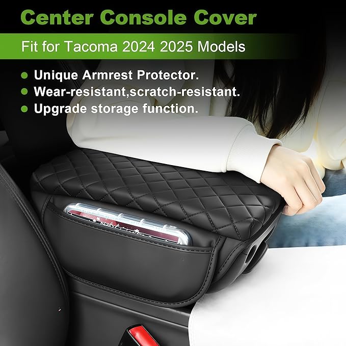 Armrest Cover for Toyota Tacoma Center Console Pad with Organizer Storage Pockets, Black Faux Leather Arm Rest Lid Protector Cushion Interior Accessories (2024-2026)