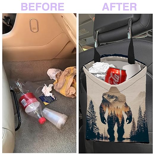 Car Trash Bag Sasquatch Mountain Forest Car Garbage Bag Waterproof Car Trash Can for Back Seat with Adjustable Straps and Drawstring, Foldable Car Trash Bin for Car Accessories