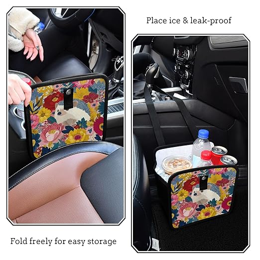 Car Trash Can Organizer Bin with Adjustable Strap for Back Front Seat Console Waterproof Leakproof Collapsible Portable 8.66 Inch Garden Flowers Hedgehogs Colorful