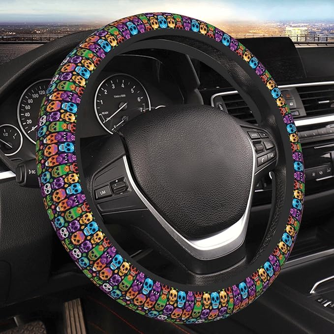 Candy Skull Pattern Universal Fit Steering Wheel Cover for Car, Truck, and SUV, Durable Steering Wheel Protection