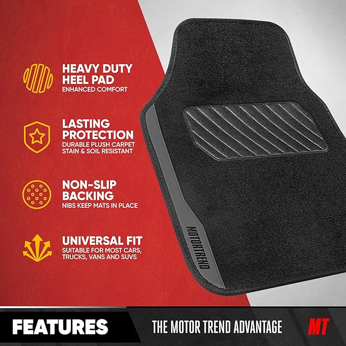 Motor Trend SpeedSeries Carpet Car Floor Mats Set - Versatile Fit for Cars, Trucks, SUVs, Vans Grey Trim Racing Design Car Mat Full Set Tapetes para Carro - Set of 4, Black & Gray Car Carpet Mats
